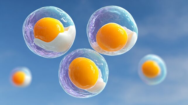 Group of eggs in a blue and purple bubble. The eggs are all different sizes and are floating in the air