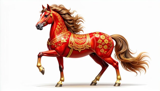 Red and gold horse statue, symbol animal zodiac of the Chinese New Year 2026, isolated on a white background. Represents good fortune and success.