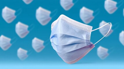 Blue surgical mask is shown in a pattern of other masks. Concept of caution and protection, as the masks are often worn to prevent the spread of germs and viruses
