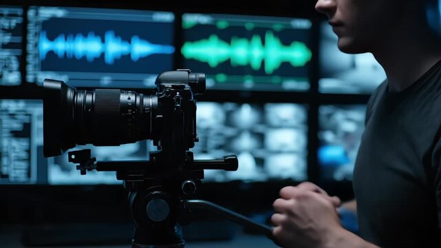 Filmmaker captures footage with a professional camera setup in a modern production studio.