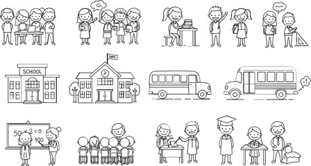 Collection of cartoon school scenes with children teachers and buildings education students