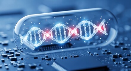 Advanced gene therapy capsule with glowing dna strand on a microchip, representing genetic engineering, personalized medicine, and future healthcare