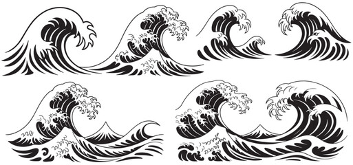 Fototapeta premium Sea waves set. Storm wave, vintage tide and ocean beach storms hand drawn vector illustration isolated on white background