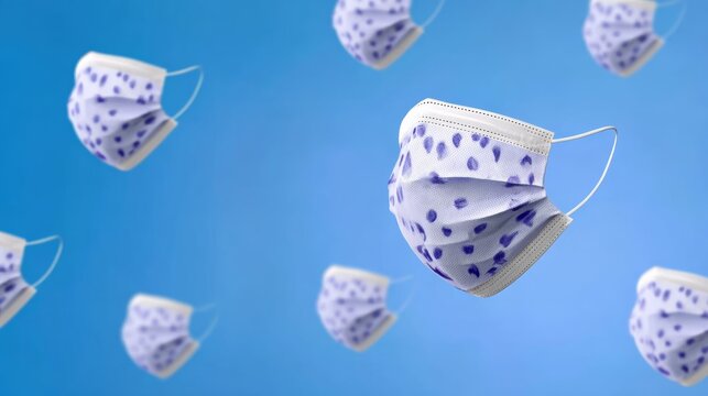 Collection of blue and white masks with a pattern of dots and hearts. The masks are scattered across the sky, creating a sense of movement and depth. The blue and white colors give the masks a clean