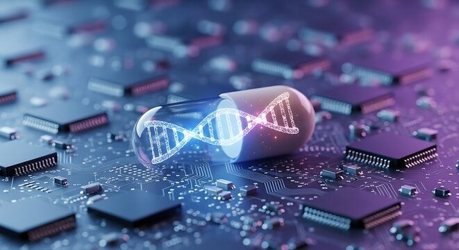 Futuristic capsule pill with dna helix inside laying on a circuit board, representing the concept of genetic engineering and medicine