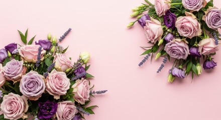 Floral arrangement with roses on a pink background