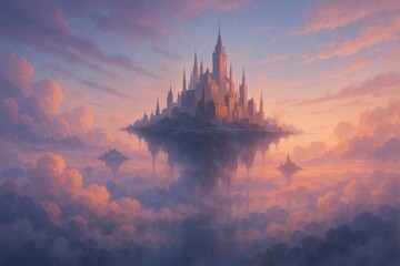 A breathtaking castle hovers above fluffy clouds, bathed in warm sunset colors. The scene captures a sense of fantasy and wonder, inviting the imagination to explore its mysteries