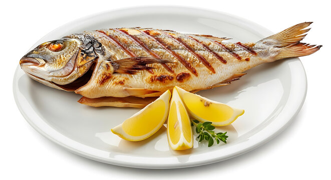 Whole grilled fish with lemon wedges on a white plate