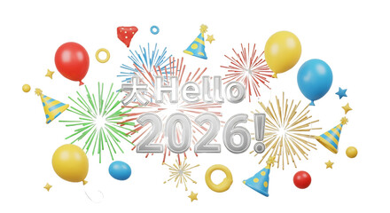 Hello 2026 isolated on transparent background with balloons and fireworks for new year party