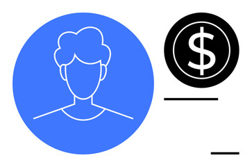 Profile head inside blue circle paired with dollar sign. Ideal for financial identity, online profile, payment, account management, salary, e-commerce, simple flat metaphor