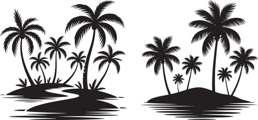 Fototapeta premium palm trees silhouette set, tropical coconut, palm tree in beach. vector illustrator