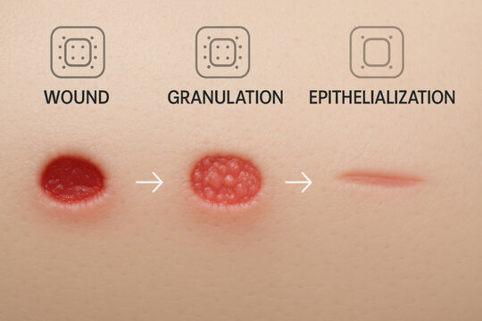 Wound healing progression showing three stage from initial injury through granulation tissue formation to complete epithelialization with medical diagram overlay