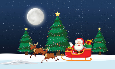 Santa Claus Riding Sleigh with Reindeer on Snowy Christmas Nigh © SN Desigen