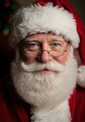 Naklejka premium Close-Up Portrait of Santa Claus With White Beard and Cozy Hat for Christmas Time