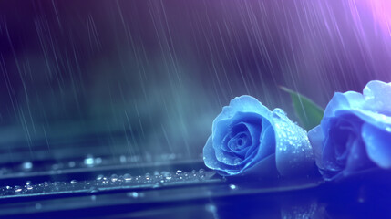 Blue Roses in Rain with Soft Purple Light