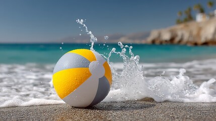 Obraz premium Beach ball is floating in the ocean, with water splashing around it. The ball is yellow and gray, and it is a fun and playful object