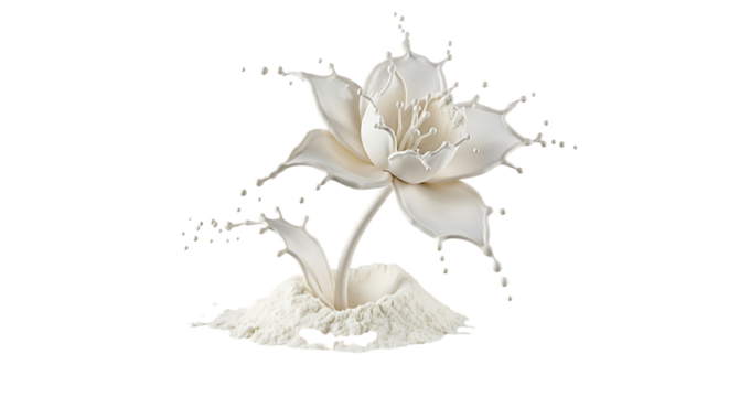 Elegant flower made of milk splashes isolated on transparent background a beautiful and creative composition showcasing the fluidity and purity of milk, forming a delicate floral design with intricate