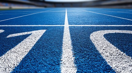 low-angle close-up illustration of an 8-lane running track. The lanes are a vibrant blue floor with crisp white markings, viewed from the starting line. The theme is exceptionally bright, utilizing 