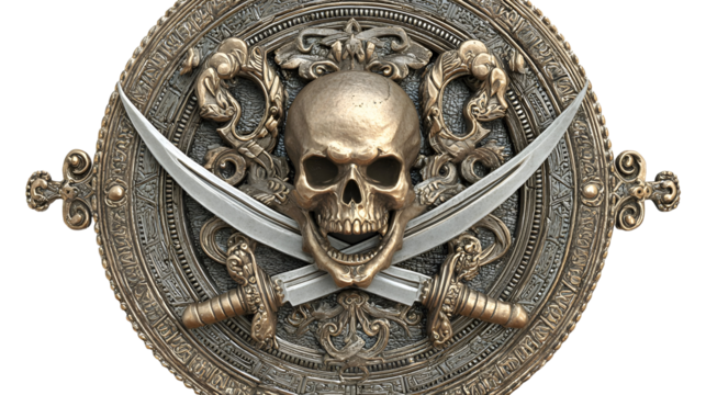 Ancient pirate emblem with golden skull and swords