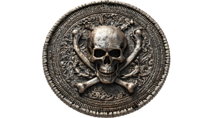 Intricate ancient pirate coin with skull and crossbones design