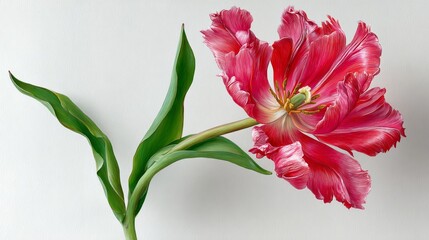 Red flower with green leaves is the main focus of the image. The flower is positioned in the center of the frame, with its stem extending outwards