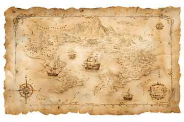 Fototapeta premium Vintage treasure map on aged parchment featuring nautical ships and mountainous islands