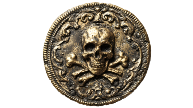 Ancient pirate gold coin featuring embossed skull and crossbones design
