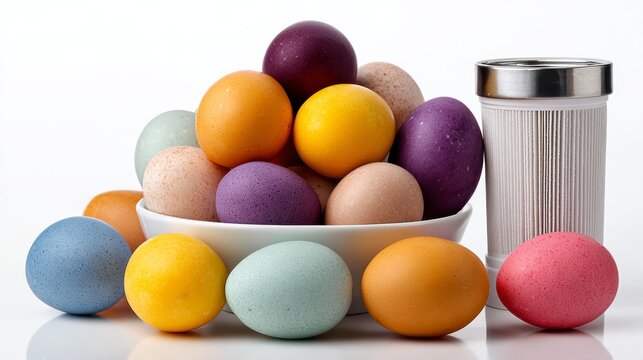 White plate with a bunch of colorful eggs on it. The eggs are of different colors and sizes, and they are arranged in a way that they look like a rainbow. There is also a cup next to the plate