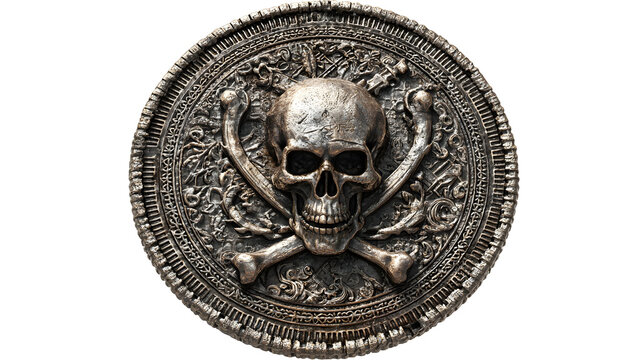 Intricate ancient pirate coin with skull and crossbones design