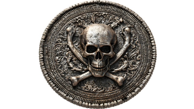 Intricate ancient pirate coin with skull and crossbones design