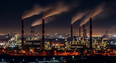 Illuminated industrial complex spewing smoke into the night sky, a stark reminder of pollution and environmental impact on the urban landscape