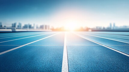 synthetic 8-lane running track with even white lines stretching into the distance, surrounded by natural light that creates a calm and motivating environment, ideal for athletic stock imagery 