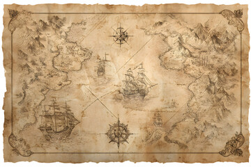 Fototapeta premium Intricately detailed ancient treasure map on aged parchment with historic ships