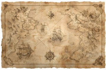 Intricately detailed ancient treasure map on aged parchment with historic ships
