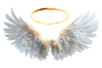 Majestic angel wings with soft white feathers and glowing halo for heavenly designs