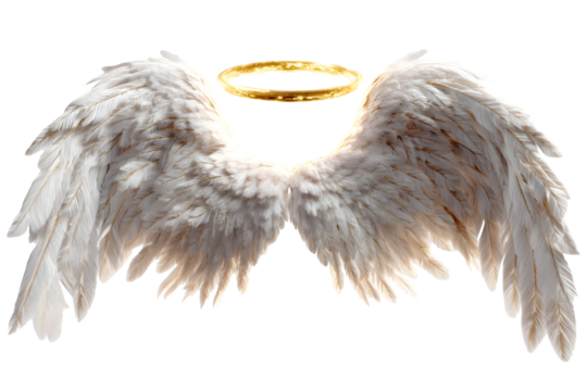 Angel wings with soft white feathers and glowing halo