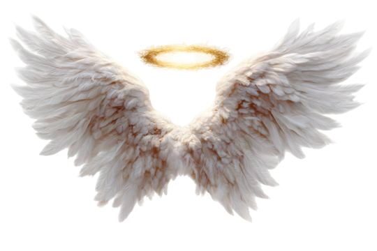 Majestic angel wings with glowing halo and soft white feathers for celestial theme