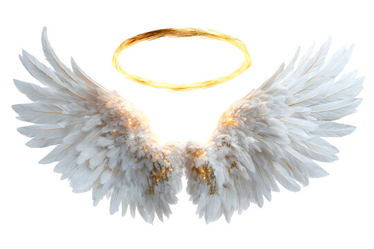 Majestic angel wings with soft white feathers and glowing halo for heavenly designs