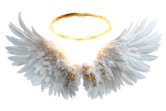 Majestic angel wings with soft white feathers and glowing halo for heavenly designs