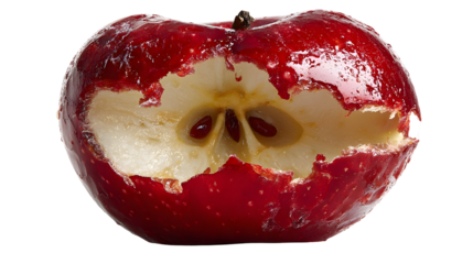 Apple core with shiny red peel on top and bottom isolated on black background