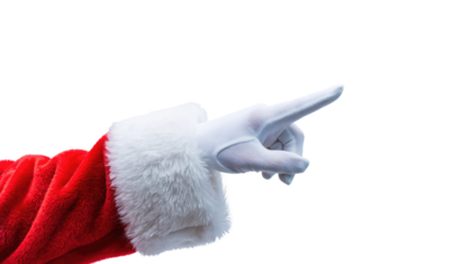A santa claus arm in a red coat with a white glove pointing towards the right on a black background