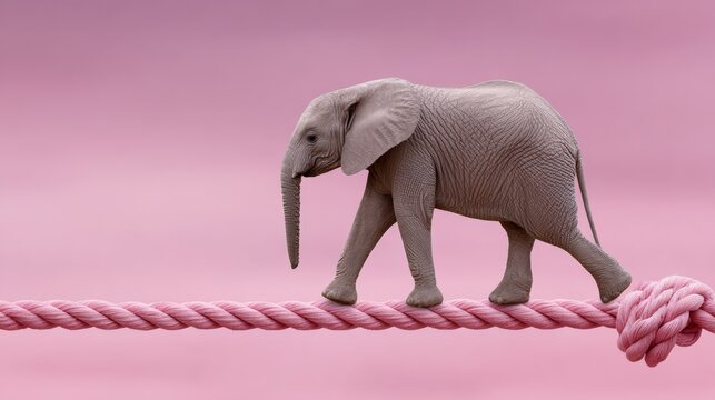 Grey elephant is walking on a pink rope. The rope is tied to a pole