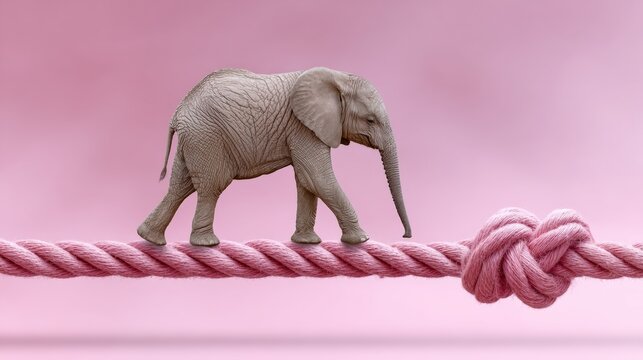 Baby elephant is walking on a rope. The rope is pink and the elephant is walking on it