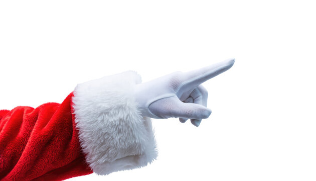 A santa claus arm in a red coat with a white glove pointing towards the right on a black background