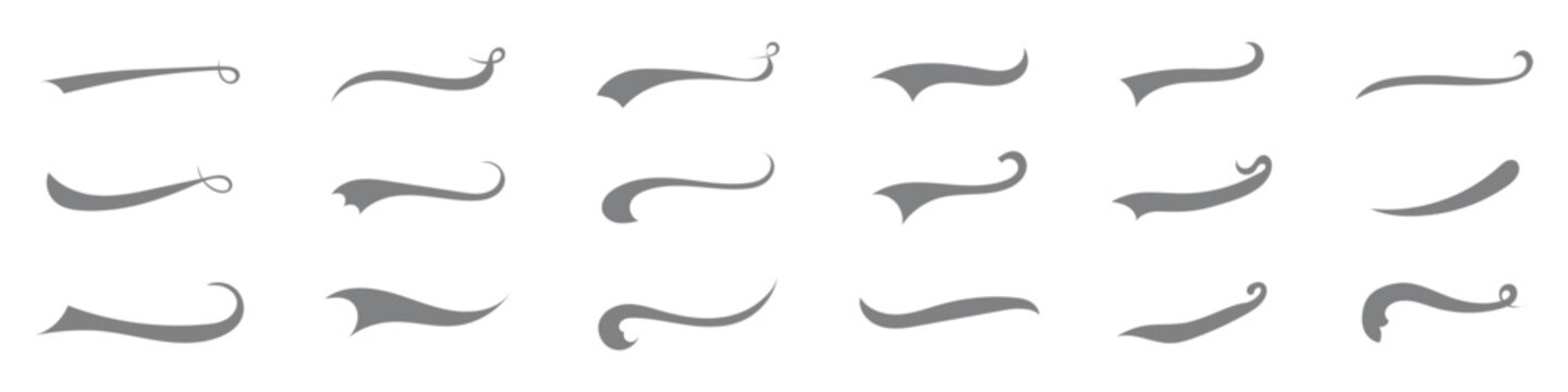 Set of Swoosh vector. Hand drawn swoosh elements, and swoop underline typography tails shape in flat styles. Set of ribbons. Design concept element collection.