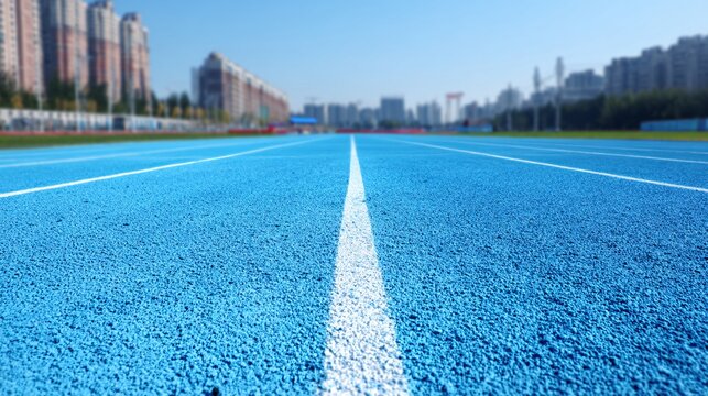 blue athletics track photographed from mid-distance showing symmetry of lanes and vibrant contrast under clear daylight, representing motion, fitness, and positivity with copy space for design 