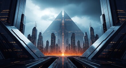 A futuristic cityscape with towering skyscrapers and a central pyramid structure, bathed in dramatic lighting and a sense of advanced technology