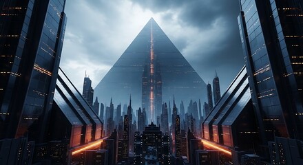 A futuristic cityscape featuring towering buildings and a central pyramid, illuminated with dramatic lighting, evoking a sense of advanced technology