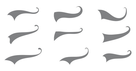 Swish and swash tail collection. Collection of black decorative pen lines and strokes. Underline swish tails for sport text logos, swirl calligraphic font line decoration element. Vector illustrator