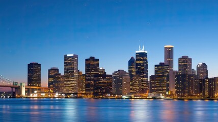 Obraz premium Modern city skyline at night with glowing lights and reflections over calm water, showcasing stunning urban architecture and skyscrapers under a clear twilight sky